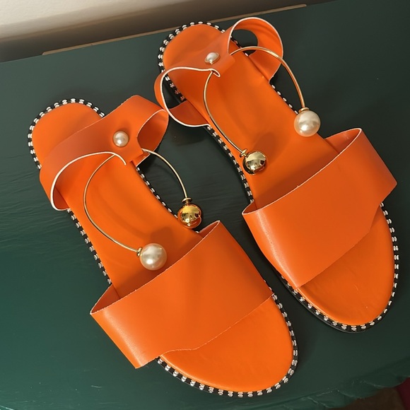 Orange Gold & Peal Bead Ankle Cuff Flat Sandals Size: 42 - Picture 13 of 14